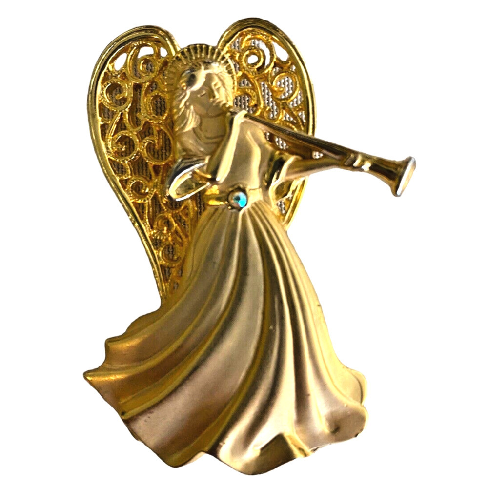 Big Christmas Angel Pin Signed Jj Jonette Jewelry Rhinestone Trumpet Gold Metal